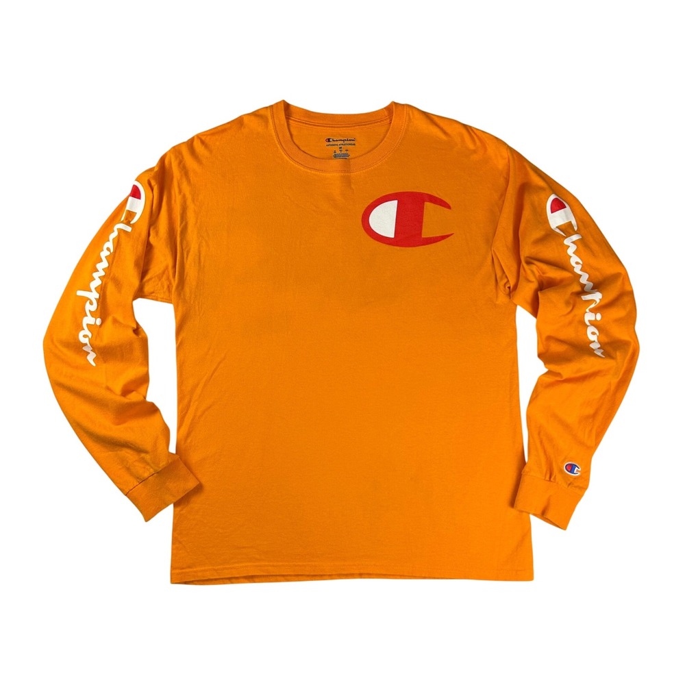 Champion Mens Long Sleeve T-Shirt Orange Big Logo Graphic Tee Size M